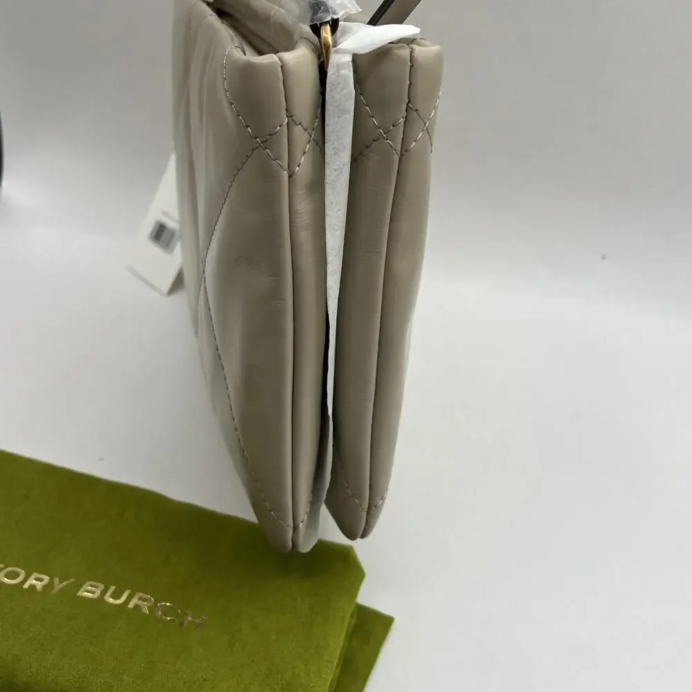 Tory Burch Small Kira Diamond Quilt Leather Shoulder Bag Light Stone Beige NWT